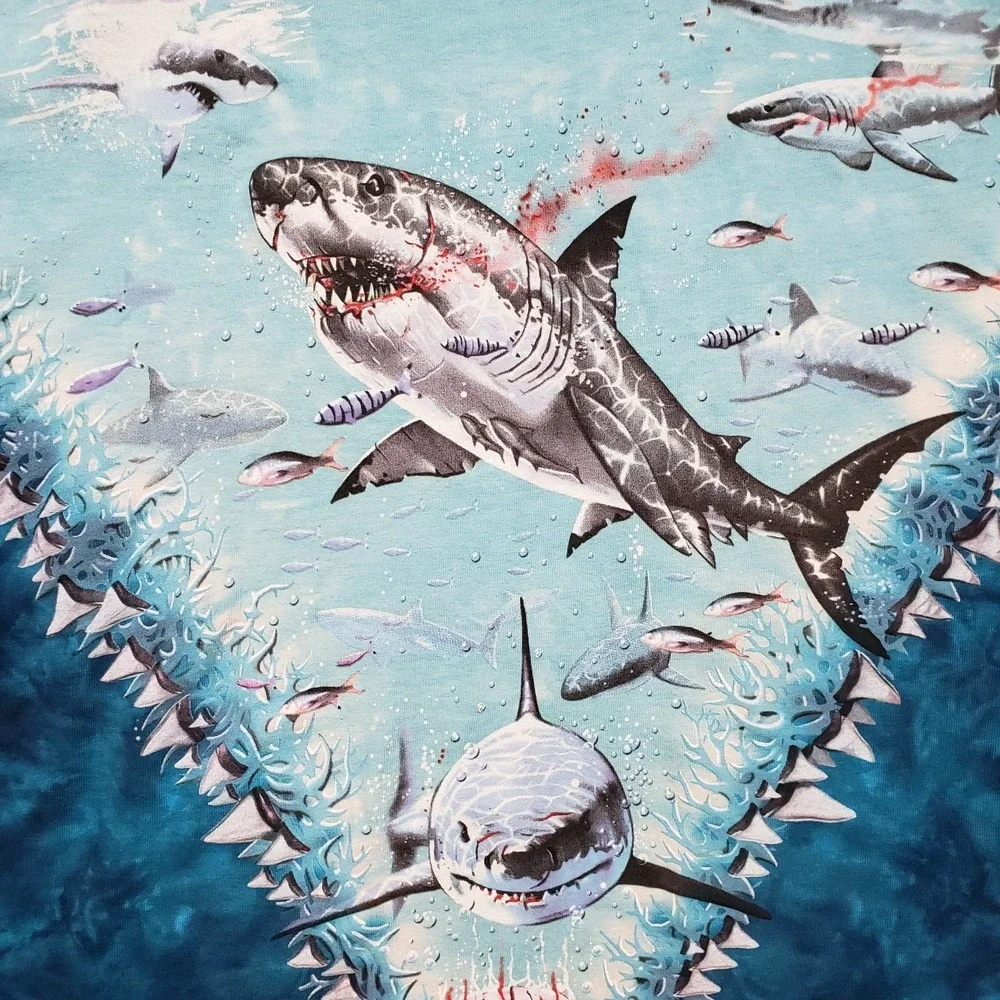 Vintage Liquid Blue T-Shirt Mens Medium Great White Sharks Tie Dye 1997 90s Y2k